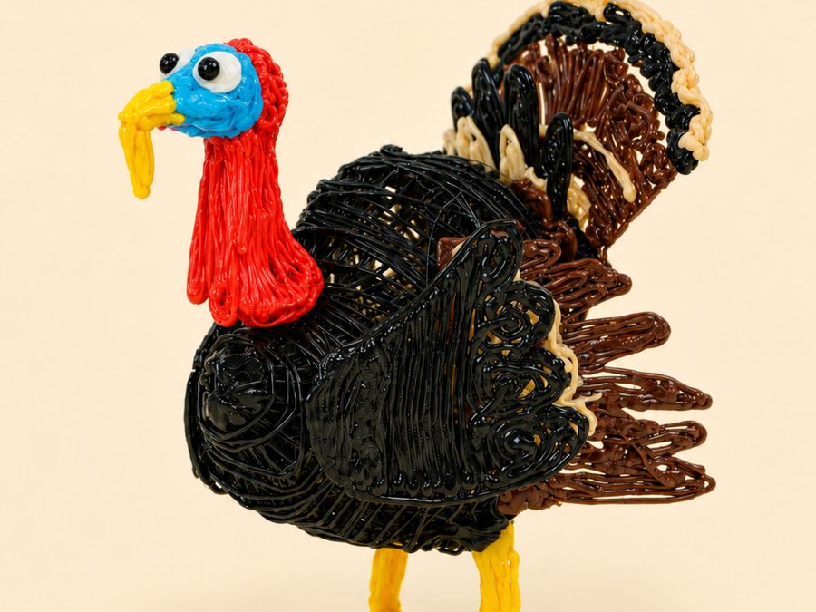 Un pavo negro y marrón con la cabeza azul, creado con un bolígrafo 3D