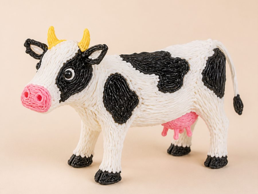 Una vaca blanca y negra en PCL creada con un bolígrafo 3D
